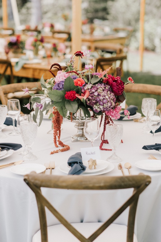 Classic table setting at Hidden Pond wedding in Kennebunkport, Maine
